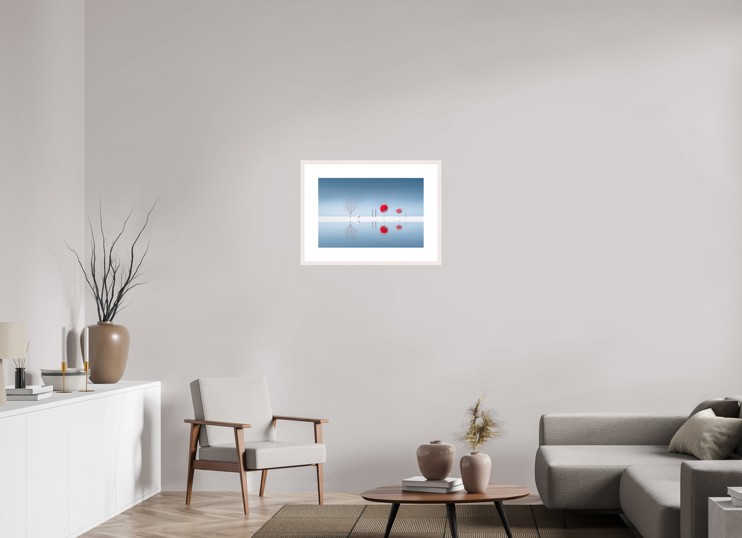 60 x 40 cm, Fine Art Print gerahmt Rote Stille am Ufer