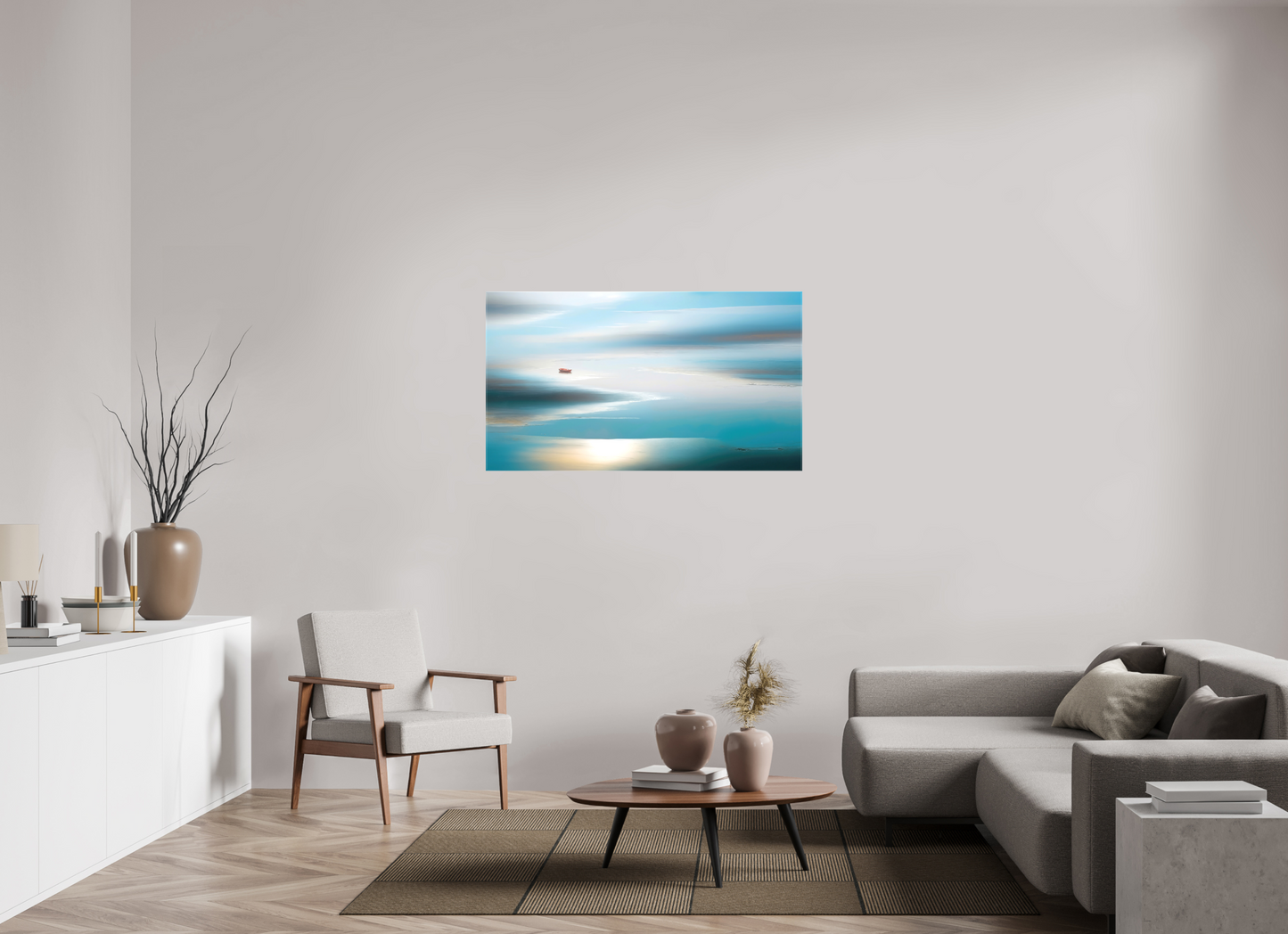128 x 72 cm, Leinwand glänzend Boot im Wattenmeer-06—Wandkunst, Fine Art Print, Leinwand, Acryldruck, Alu-Dibond