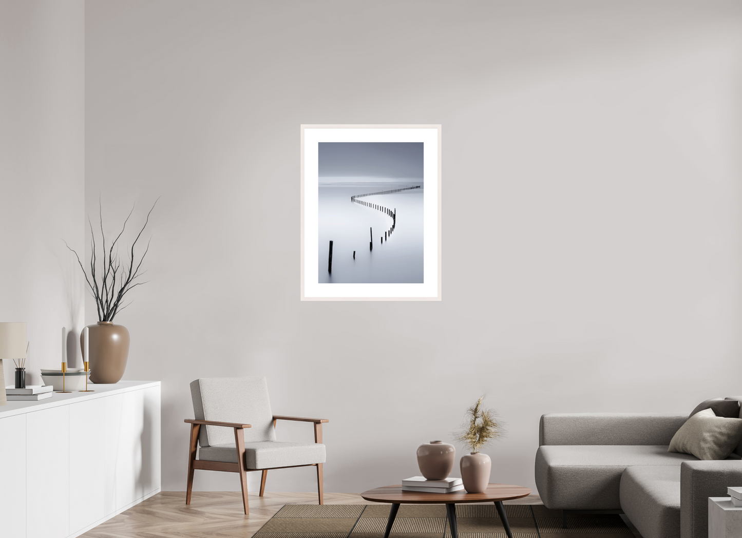 60 x 80 cm, Fine Art Print gerahmt Lichtweg im Watt