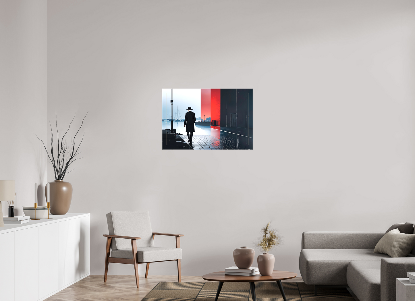 90 x 60 cm, Leinwand glänzend Mann in Hafenstadt -noir city- 01