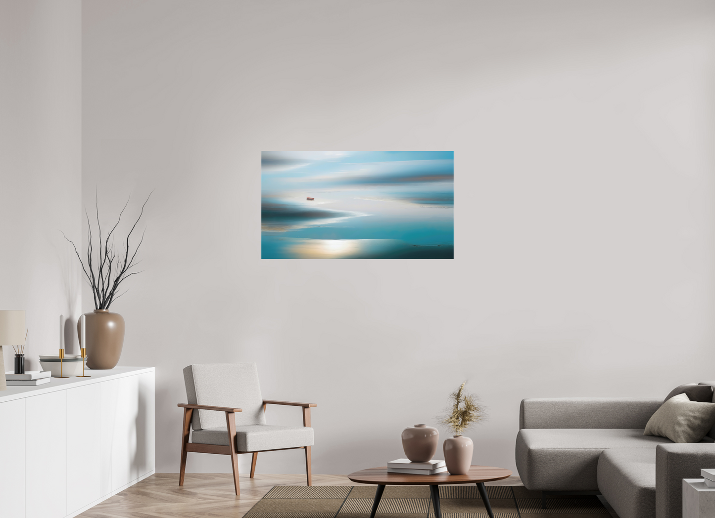 112 x 63 cm, Fine Art Pigmentdruck hinter Acrylglas Boot im Wattenmeer-06—Wandkunst, Fine Art Print, Leinwand, Acryldruck, Alu-Dibond