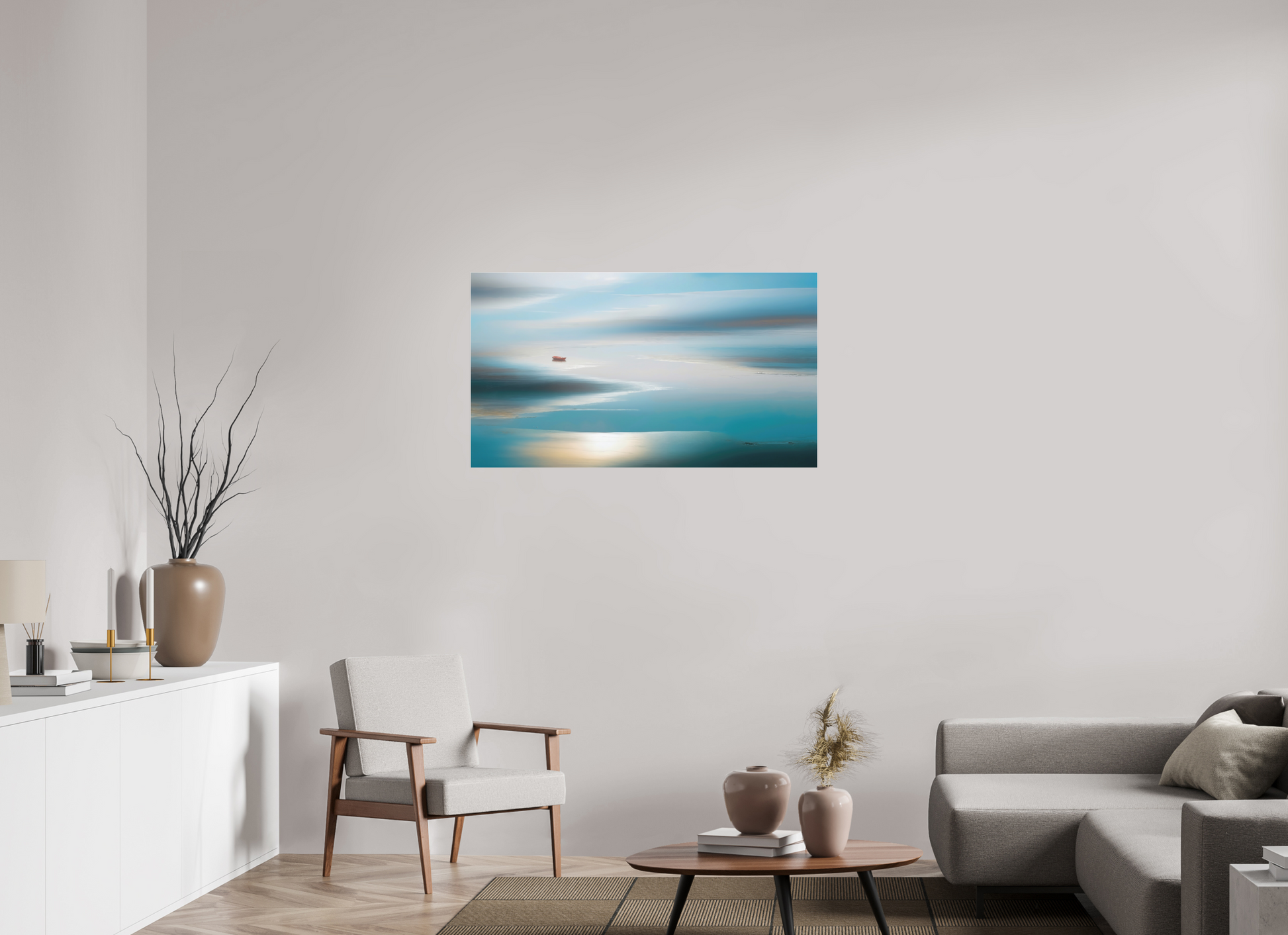 112 x 63 cm, Fine Art Pigmentdruck hinter Acrylglas Boot im Wattenmeer-06—Wandkunst, Fine Art Print, Leinwand, Acryldruck, Alu-Dibond