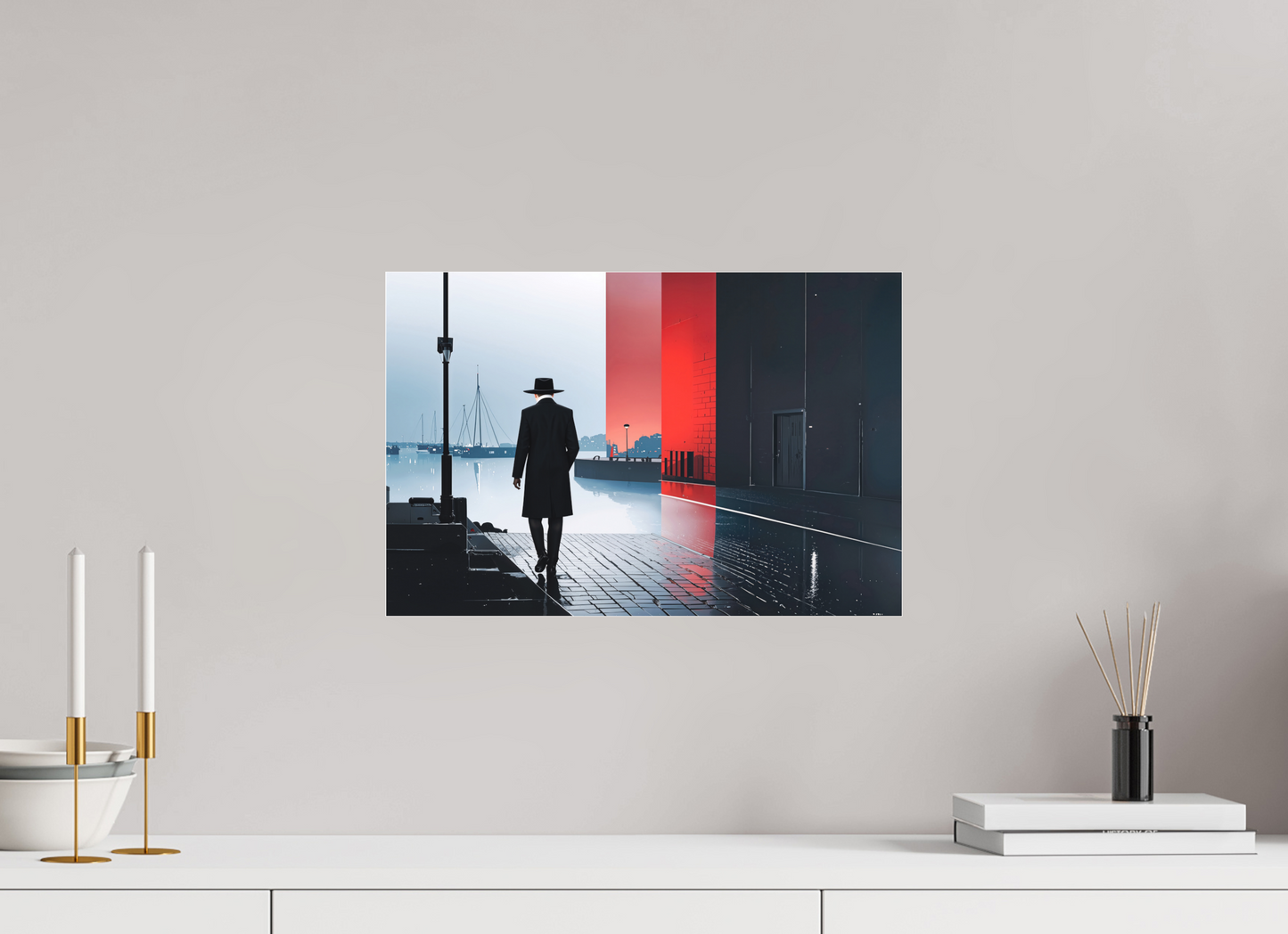 45 x 30 cm, Fine Art Pigmentdruck hinter Acrylglas Mann in Hafenstadt -noir city- 01