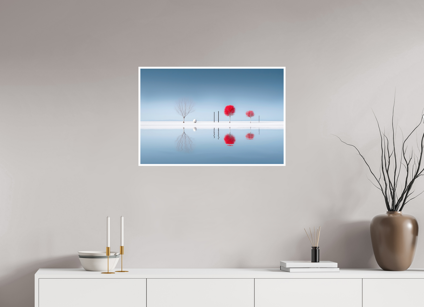75 x 50 cm, Fine Art Print Hahnemühle Baryta Rote Stille am Ufer—Wandkunst, Fine Art Print, Leinwand, Acryldruck, Alu-Dibond