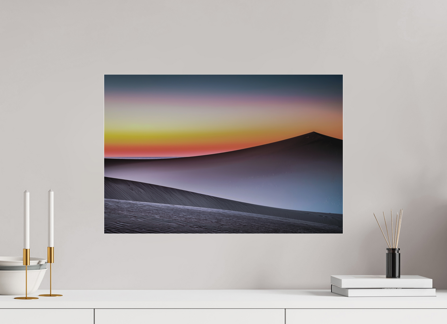 60 x 40 cm, Fine Art Pigmentdruck hinter Acrylglas Dämmerung über der Düne—Wandkunst, Fine Art Print, Leinwand, Acryldruck, Alu-Dibond
