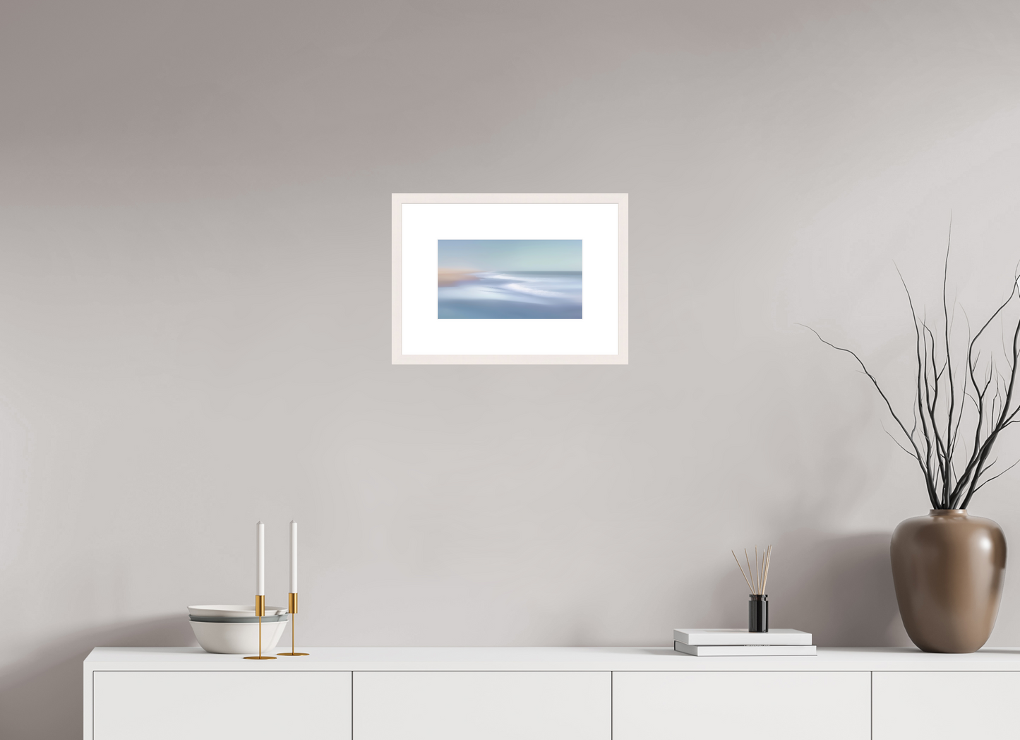 32 x 18 cm, Fine Art Print gerahmt Verwehter Horizont – Strandlicht in Blau