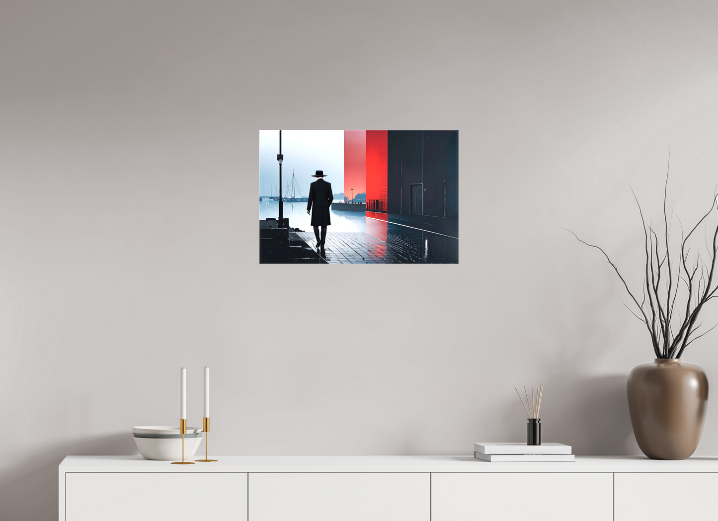 60 x 40 cm, Leinwand glänzend Mann in Hafenstadt -noir city- 01