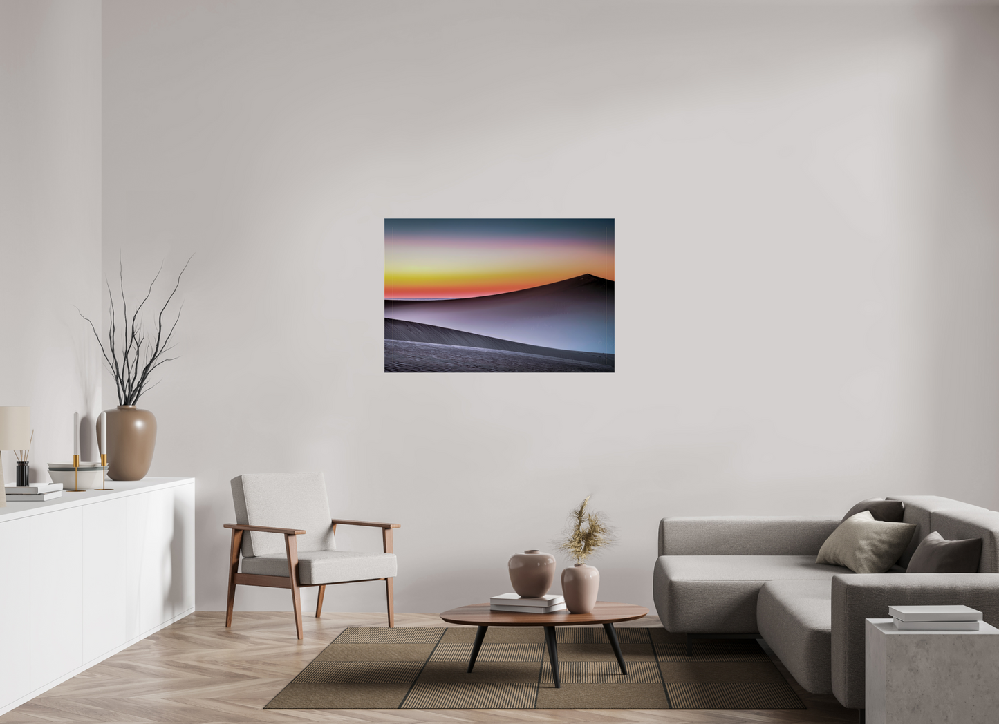120 x 80 cm, Leinwand glänzend Dämmerung über der Düne—Wandkunst, Fine Art Print, Leinwand, Acryldruck, Alu-Dibond