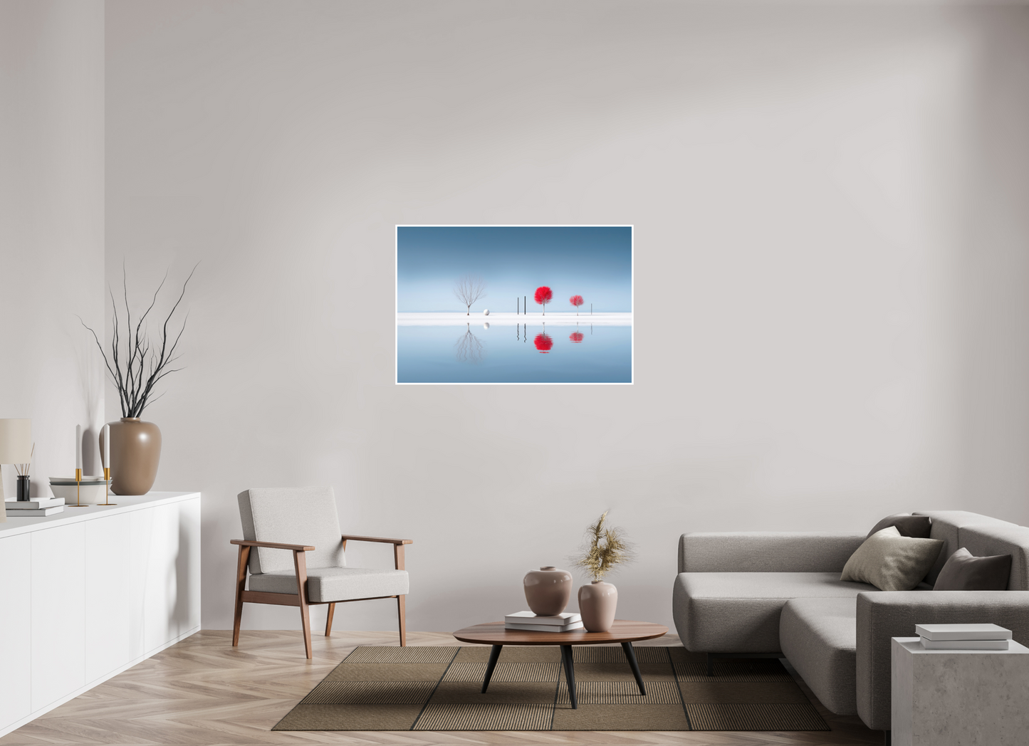 120 x 80 cm, Fine Art Print Hahnemühle Baryta Rote Stille am Ufer—Wandkunst, Fine Art Print, Leinwand, Acryldruck, Alu-Dibond