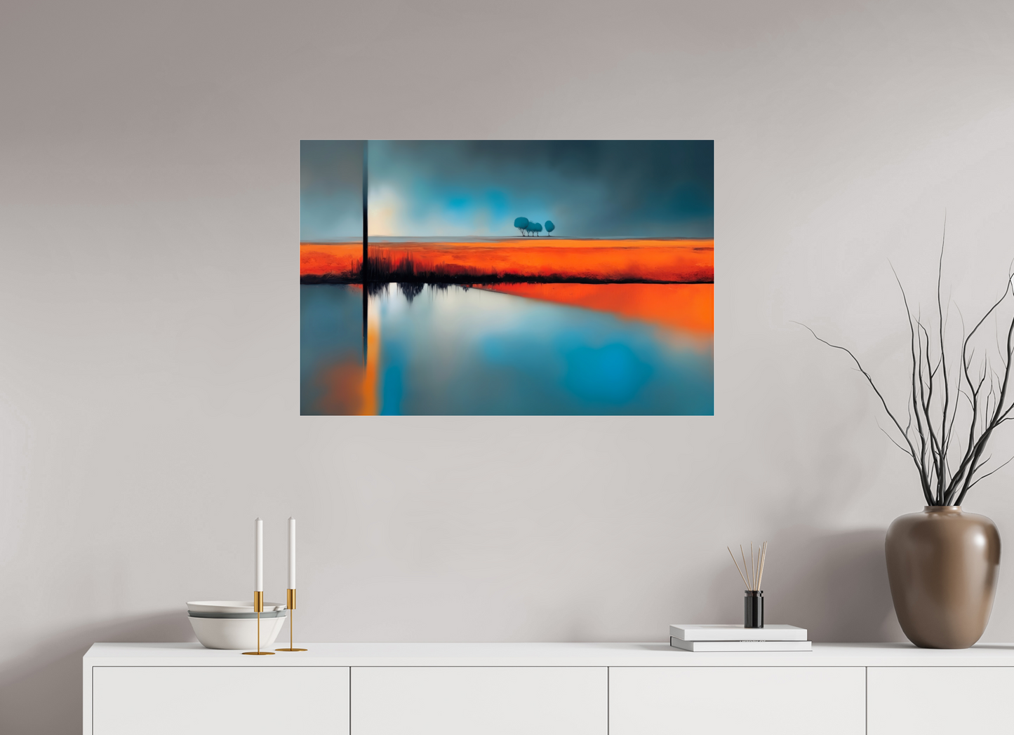 90 x 60 cm, Acrylglas glänzend standard Blauer Halt am roten Ufer—Wandkunst, Fine Art Print, Leinwand, Acryldruck, Alu-Dibond