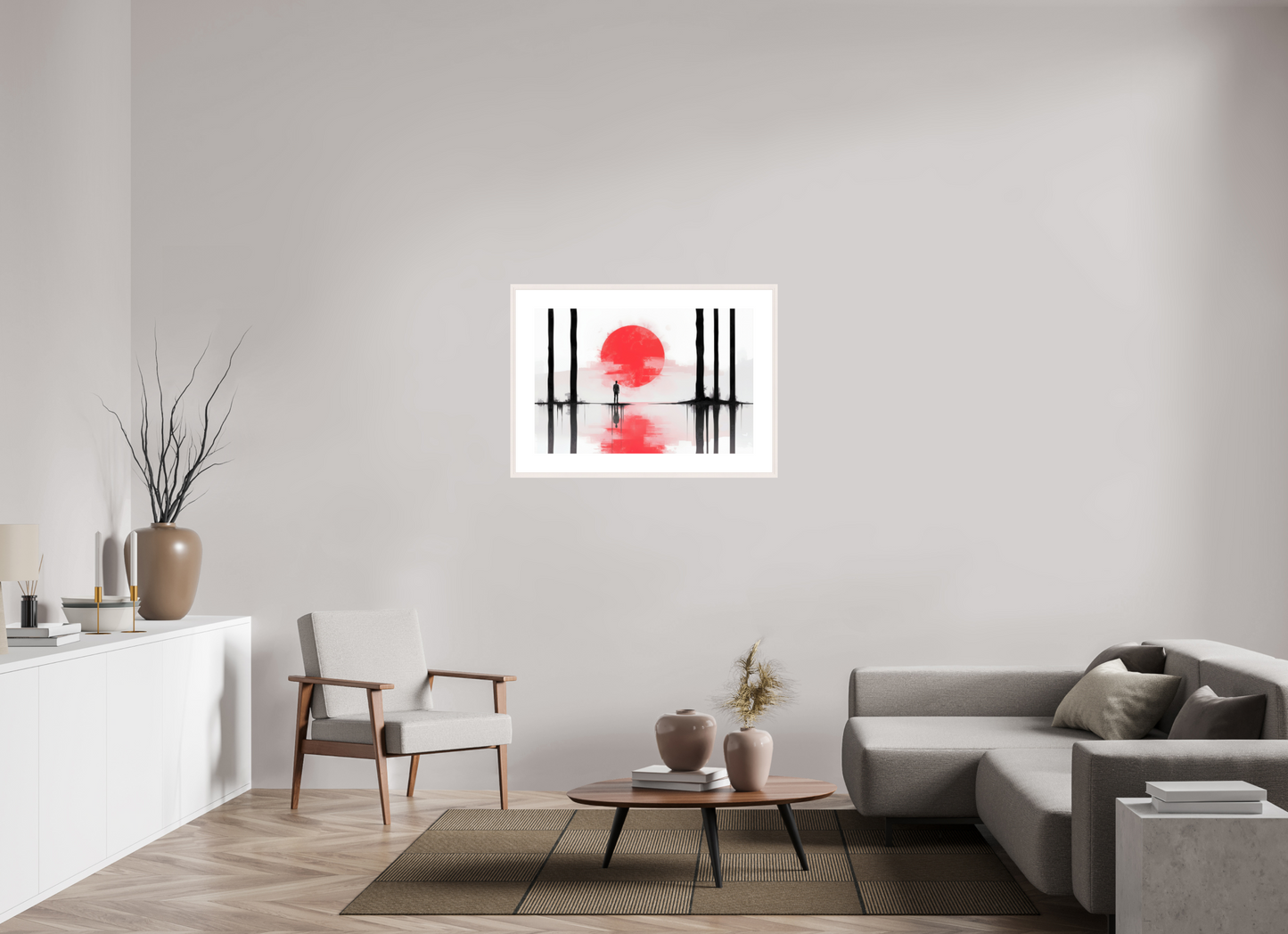 90 x 60 cm, Fine Art Print gerahmt Rote Sonne, Stille Küste