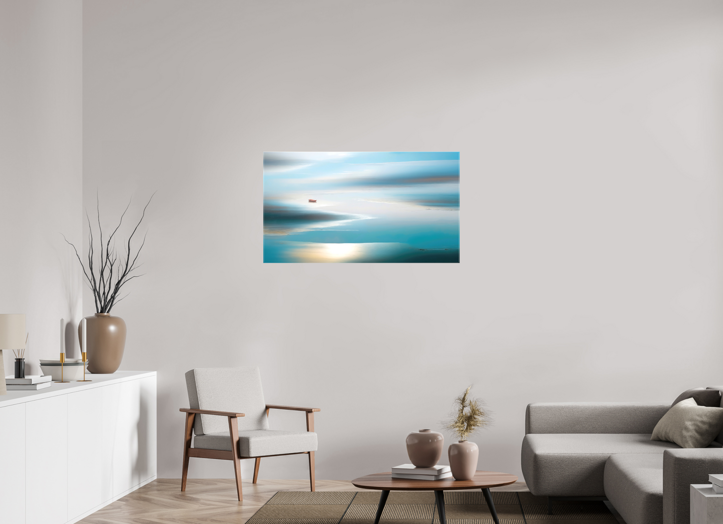 112 x 63 cm, Leinwand glänzend Boot im Wattenmeer-06—Wandkunst, Fine Art Print, Leinwand, Acryldruck, Alu-Dibond