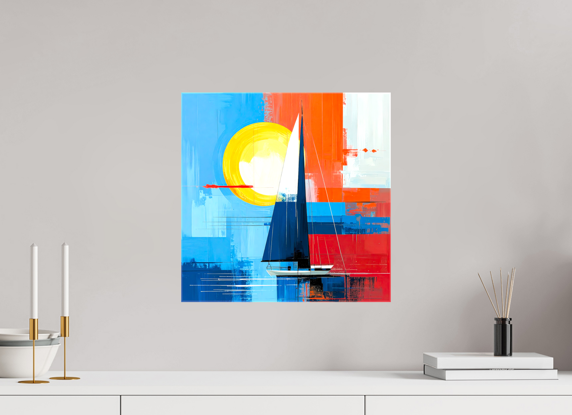 40 x 40 cm, Leinwand glänzend Segelboot-Kunst – Licht, Farbe und Bewegung—Wandkunst, Fine Art Print, Leinwand, Acryldruck, Alu-Dibond