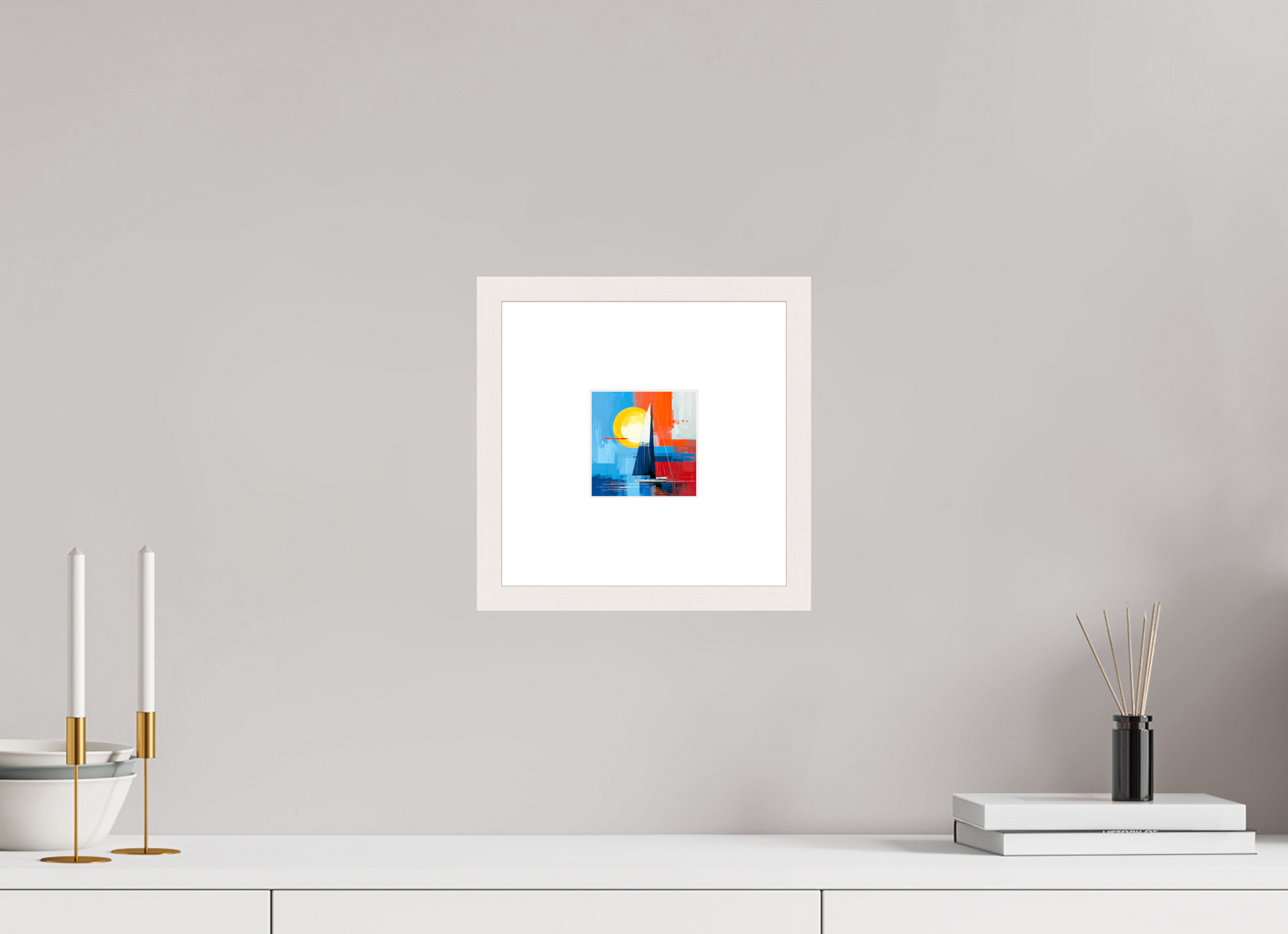10 x 10 cm, Fine Art Print gerahmt Segelboot-Kunst – Licht, Farbe und Bewegung