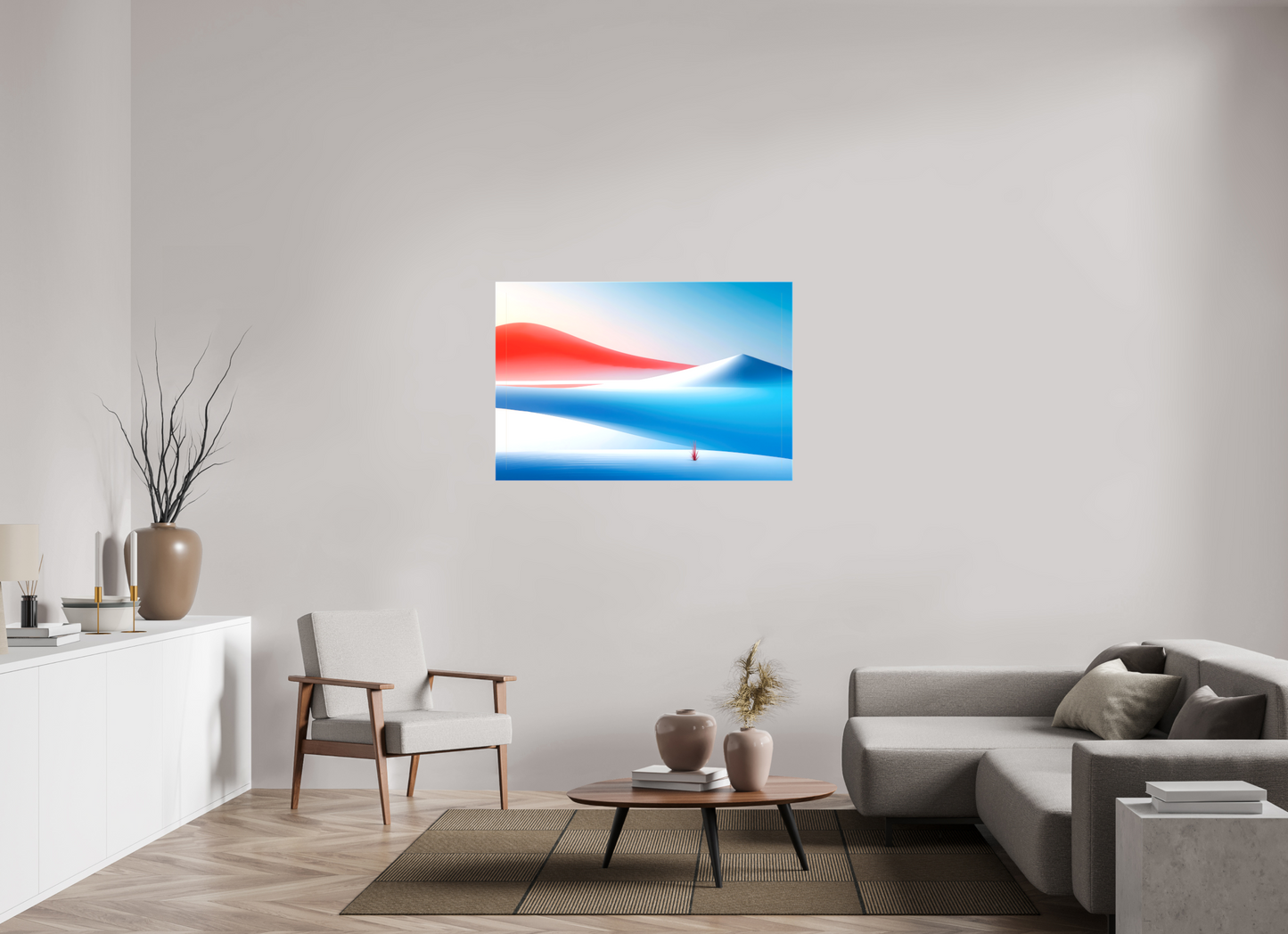 120 x 80 cm, Leinwand glänzend Rotes Leuchten, blaue Stille