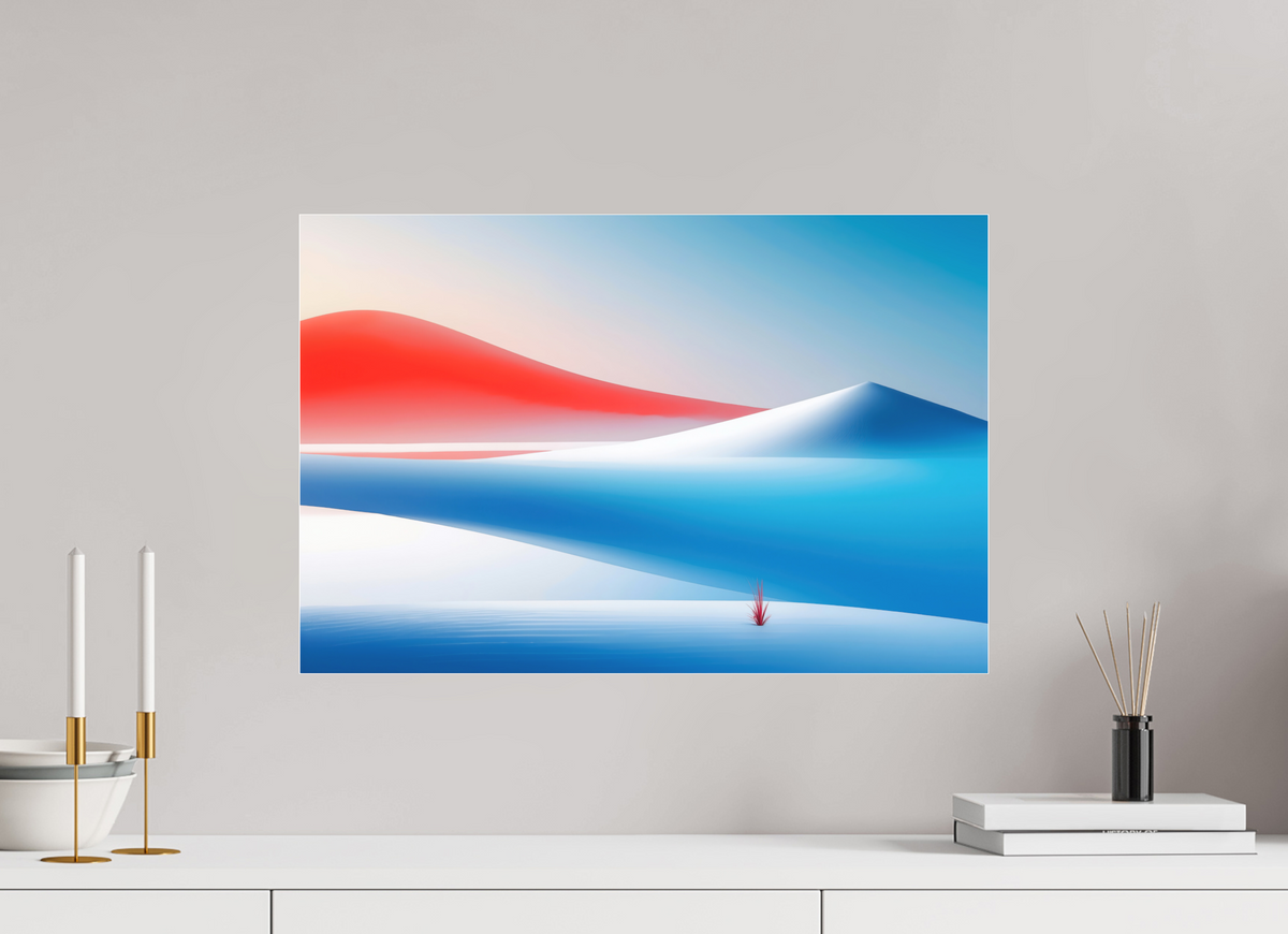 60 x 40 cm, Fine Art Pigmentdruck hinter Acrylglas Rotes Leuchten, blaue Stille—Wandkunst, Fine Art Print, Leinwand, Acryldruck, Alu-Dibond