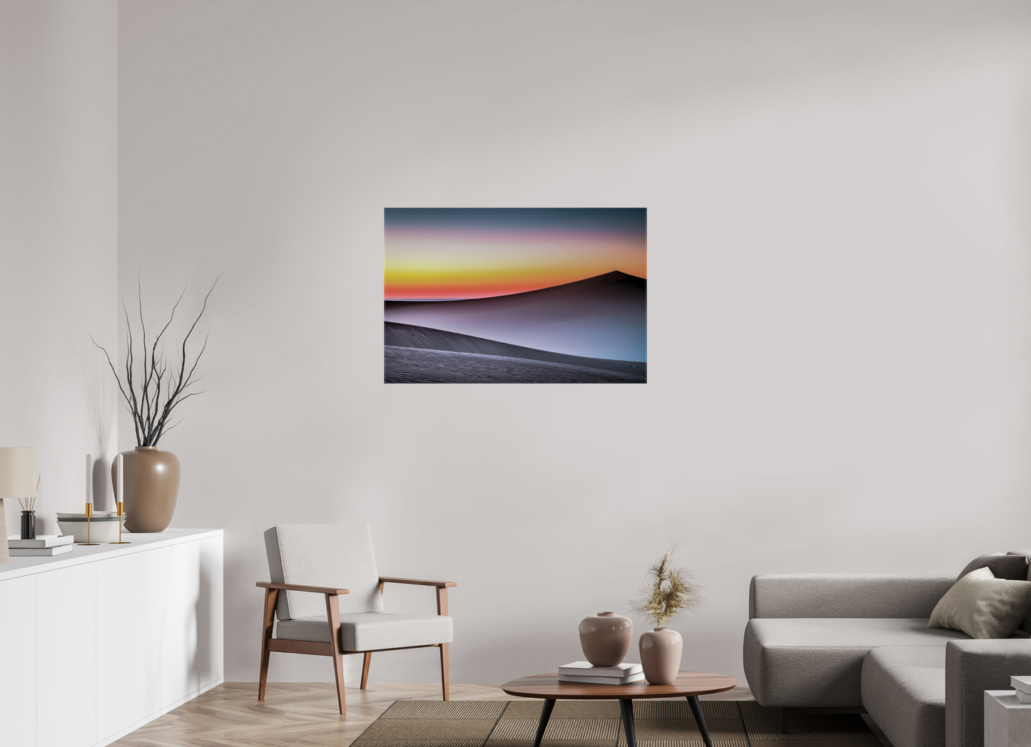 105 x 70 cm, Leinwand glänzend Dämmerung über der Düne—Wandkunst, Fine Art Print, Leinwand, Acryldruck, Alu-Dibond