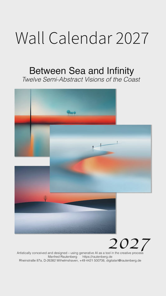 Calendario de pared «Between Sea and Infinity», semiabstracto, minimalista, arte por IA, inglés, DIN A3, 2027