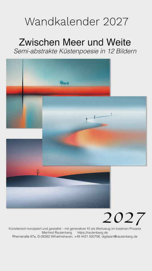 Calendario de pared "Entre el mar y la inmensidad", semiabstracto, minimalista, arte por IA, alemán, DIN A3, 2027
