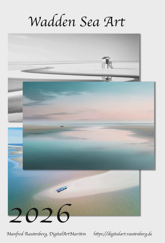 Wandkalender Wattenmeer-Kunst 2026, englisch, A4 und A3, vertikal, Watt, Meer, Kalender